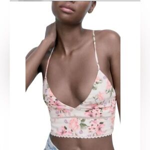 Womens NWT‎ Zara Floral Boho Spaghetti Strap Tie Back Crop Top Shirt